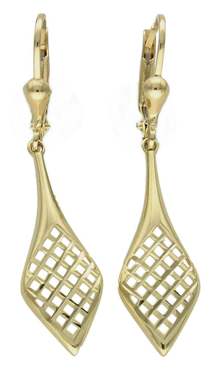 Złote kolczyki 585 wiszące ażurowy wzór KL 8524 585. Złote kolczyki wykonane z najwyższej jakości żółtego złota, próba 585, waga około 2,30 gram. Kolczyki w minimalistycznym stylu, wpisujące się w obecne trendy modowe..jpg